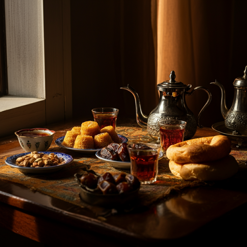 A table laden with traditional Eid breakfast foods: seviyan, dates, fresh bread, and a silver teapot. Sunlight streams through a window, highlighting the vibrant colors and textures of the food.