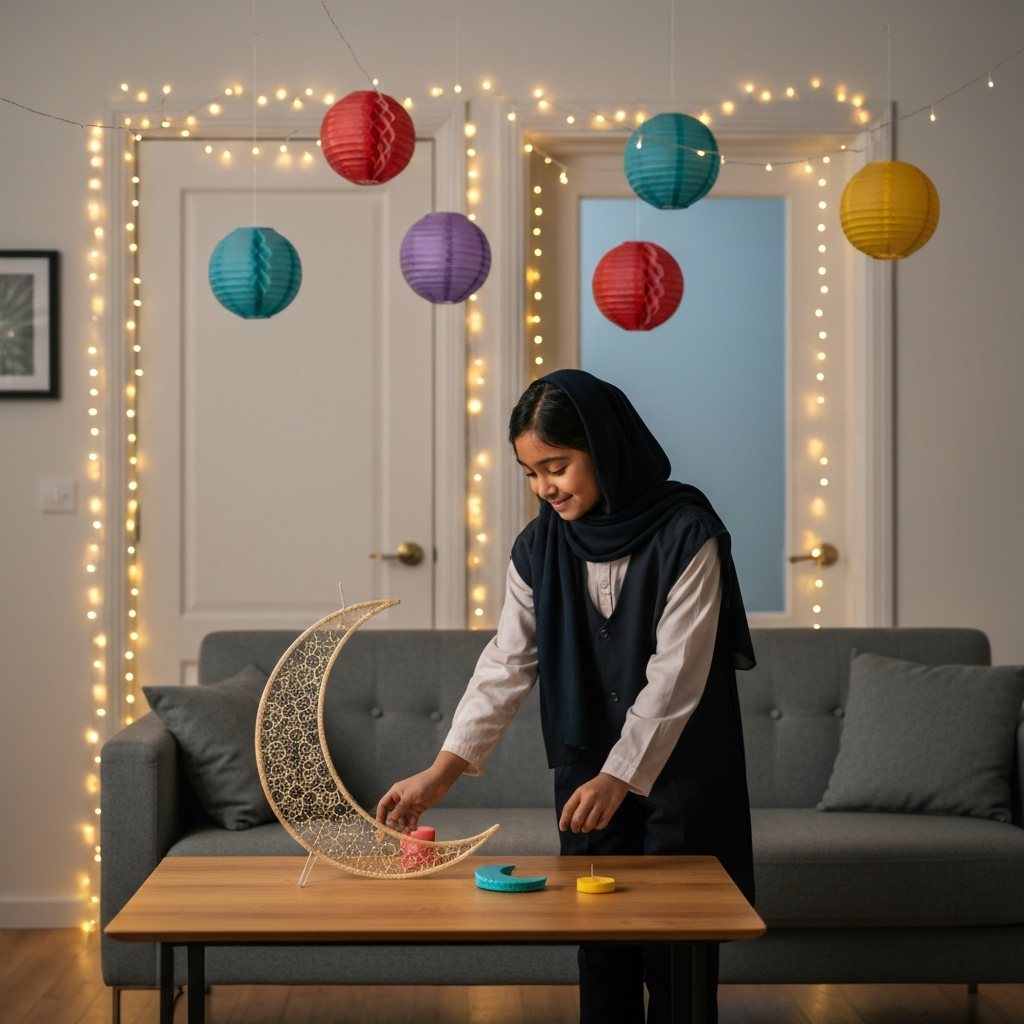 A living room decorated for Eid. String lights twinkle around the doorway, and colorful paper lanterns hang from the ceiling. A young girl is placing a crescent moon decoration on a table, smiling.