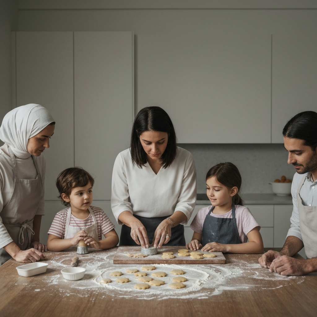 A family gathered around a kitchen table, baking kahk al Eid. The table is covered in flour, and the air is filled with the sweet aroma of baking cookies. A mother is showing her daughter how to use a cookie stamp.