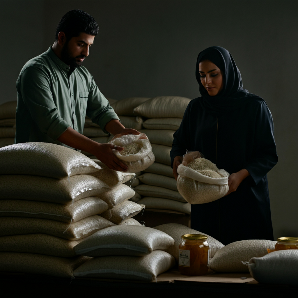 Volunteers sorting food donations for Zakat al-Fitr. Rice, dates, and other staples are neatly stacked. The room is brightly lit, creating a sense of hope and purpose.