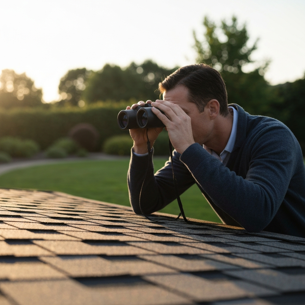 A person using binoculars to inspect a roof from the ground, late afternoon with soft, diffused sunlight. Focus is on the texture of the shingles and the person's intent gaze. The background shows a well-maintained lawn and landscaping.