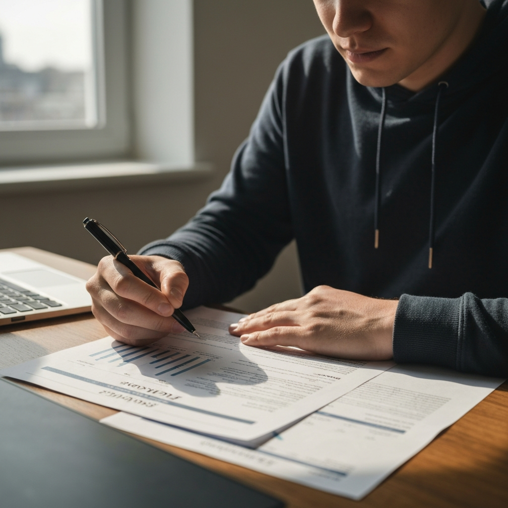 A person sitting at a desk, reviewing several printed estimates with a pen in hand. Natural light streams in from a window, casting a soft glow on the paperwork. The focus is on the person's concentrated expression and the detailed documents.