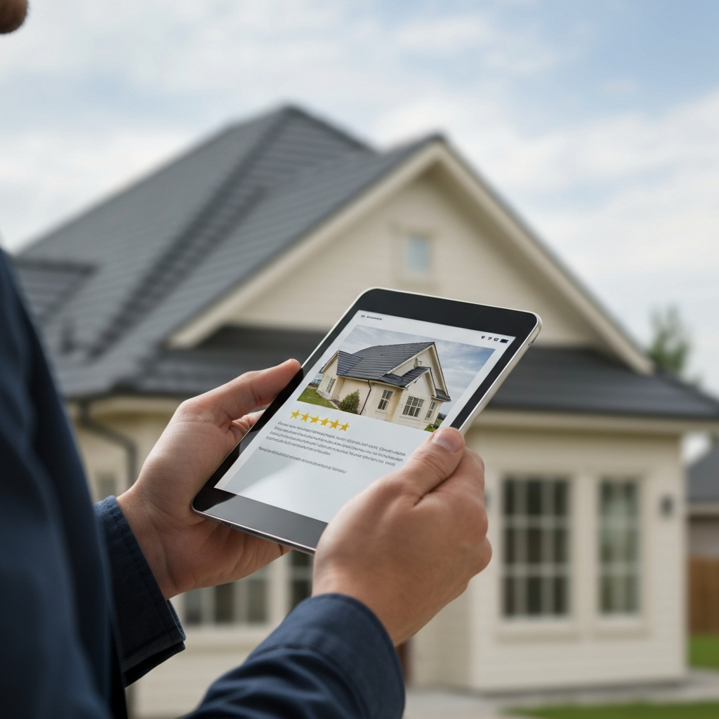 A person holding a tablet, scrolling through online reviews of a roofing company. The background shows a blurred image of a house with a newly installed roof. The lighting is soft and neutral.