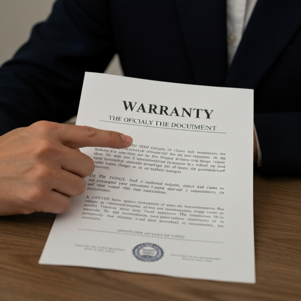 A close-up of a hand pointing to a specific clause in a warranty document. The document is clearly labeled "Warranty" and features official logos and legal disclaimers. Soft, diffused lighting ensures legibility.