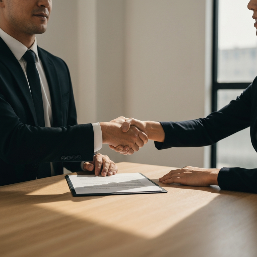 A businessman and a homeowner shaking hands over a signed contract. The contract is visible on the table between them, illuminated by warm, inviting light. The scene conveys trust and agreement.