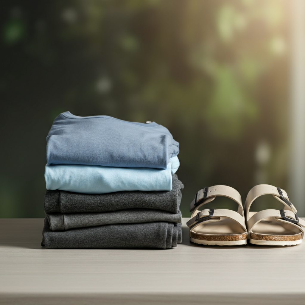 Soft, diffused light illuminates a neatly folded stack of dark gray sweatpants, a light blue t-shirt, and a pair of beige sandals on a clean wooden surface. The background features a blurred, spa-like environment with hints of green foliage.