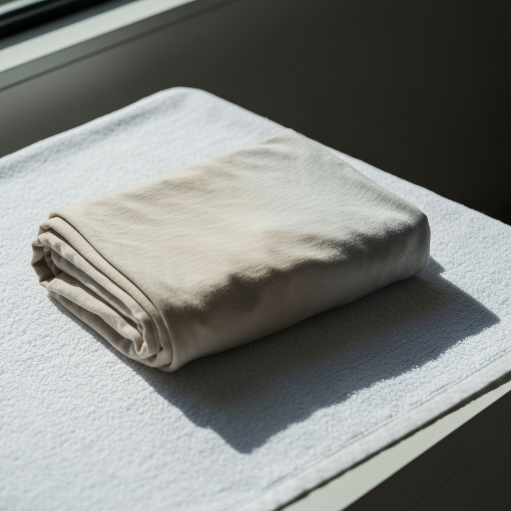 A close-up shot of soft, cotton underwear in neutral tones (beige, light gray) folded neatly on a white linen towel. Natural light streams in from a nearby window, casting gentle shadows and highlighting the fabric's texture.