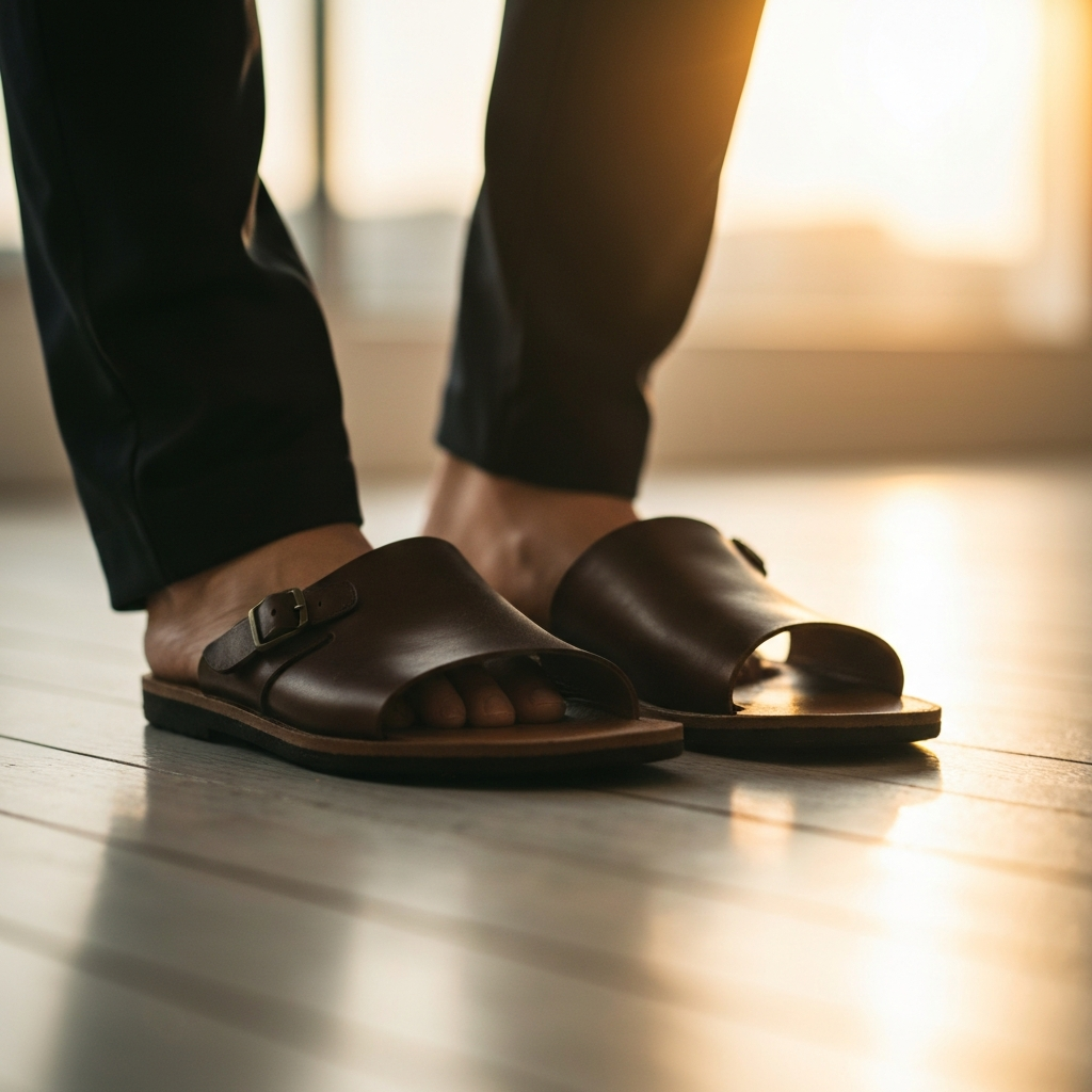 A pair of simple, dark brown leather sandals resting on a light-colored wooden floor. Soft focus creates a gentle bokeh effect in the background, suggesting a tranquil environment.