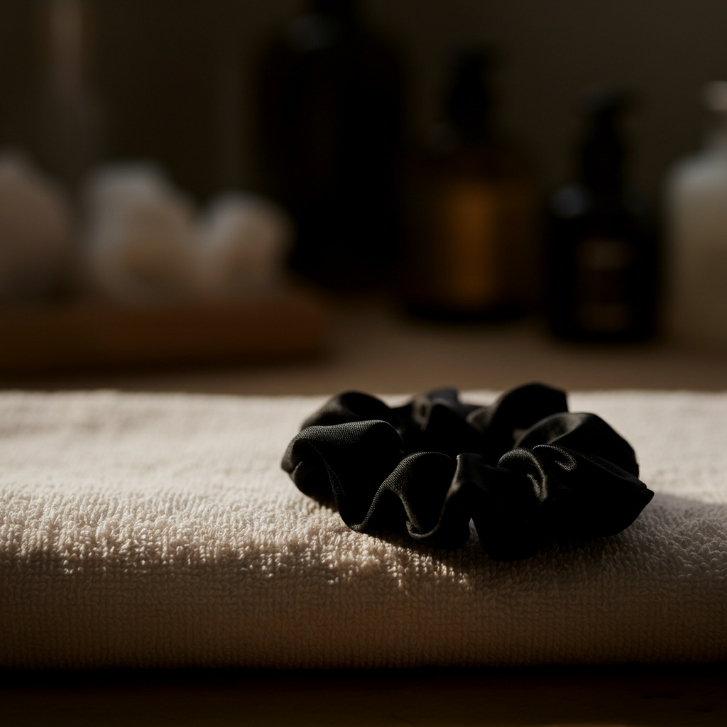 A simple black hair tie resting on a cream-colored towel, with a blurred background showcasing a spa setting. Soft, natural light highlights the texture of the towel.