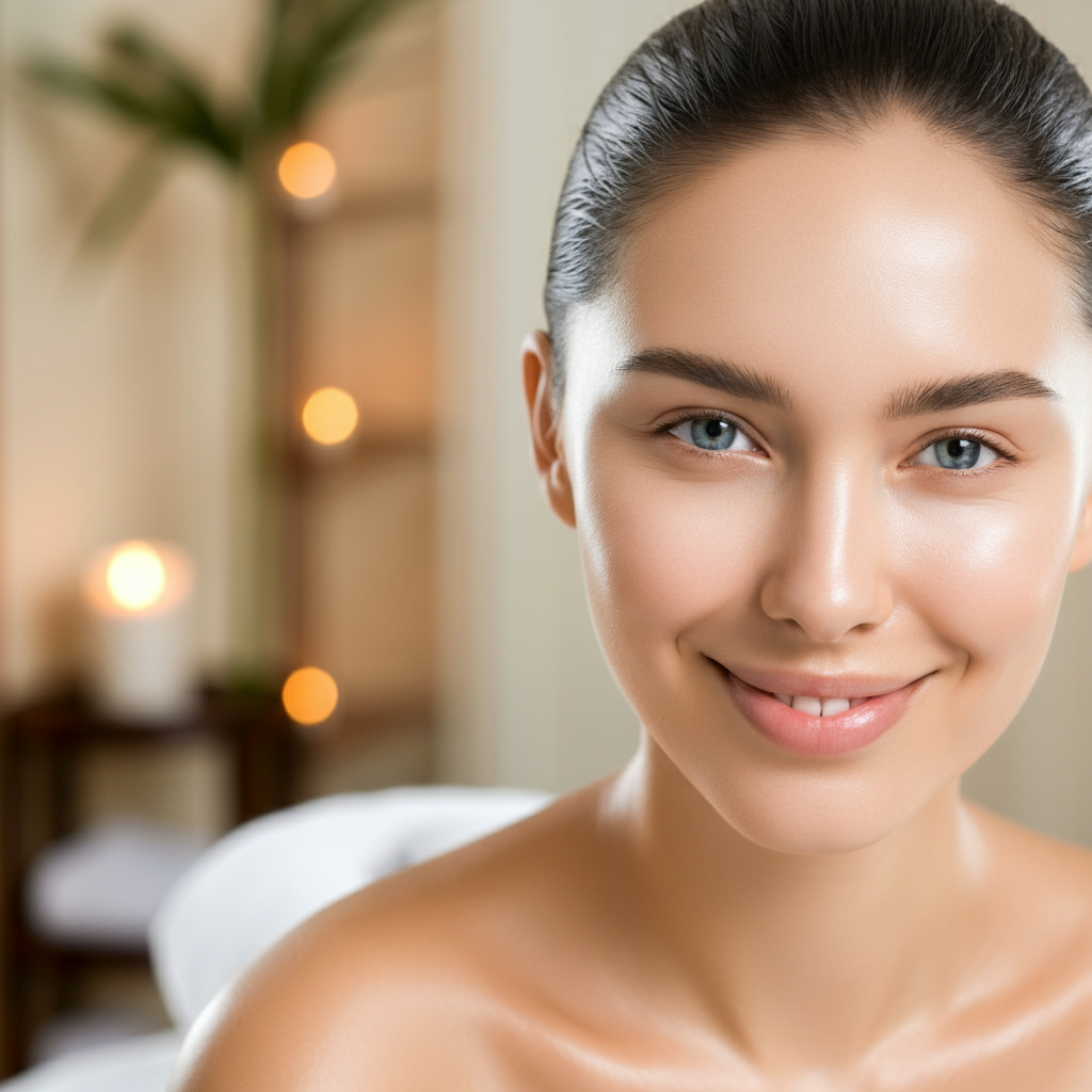 A woman with clean, fresh skin and minimal makeup smiles serenely in a softly lit spa environment. The background features blurred elements of a massage room, conveying a sense of peace and tranquility.