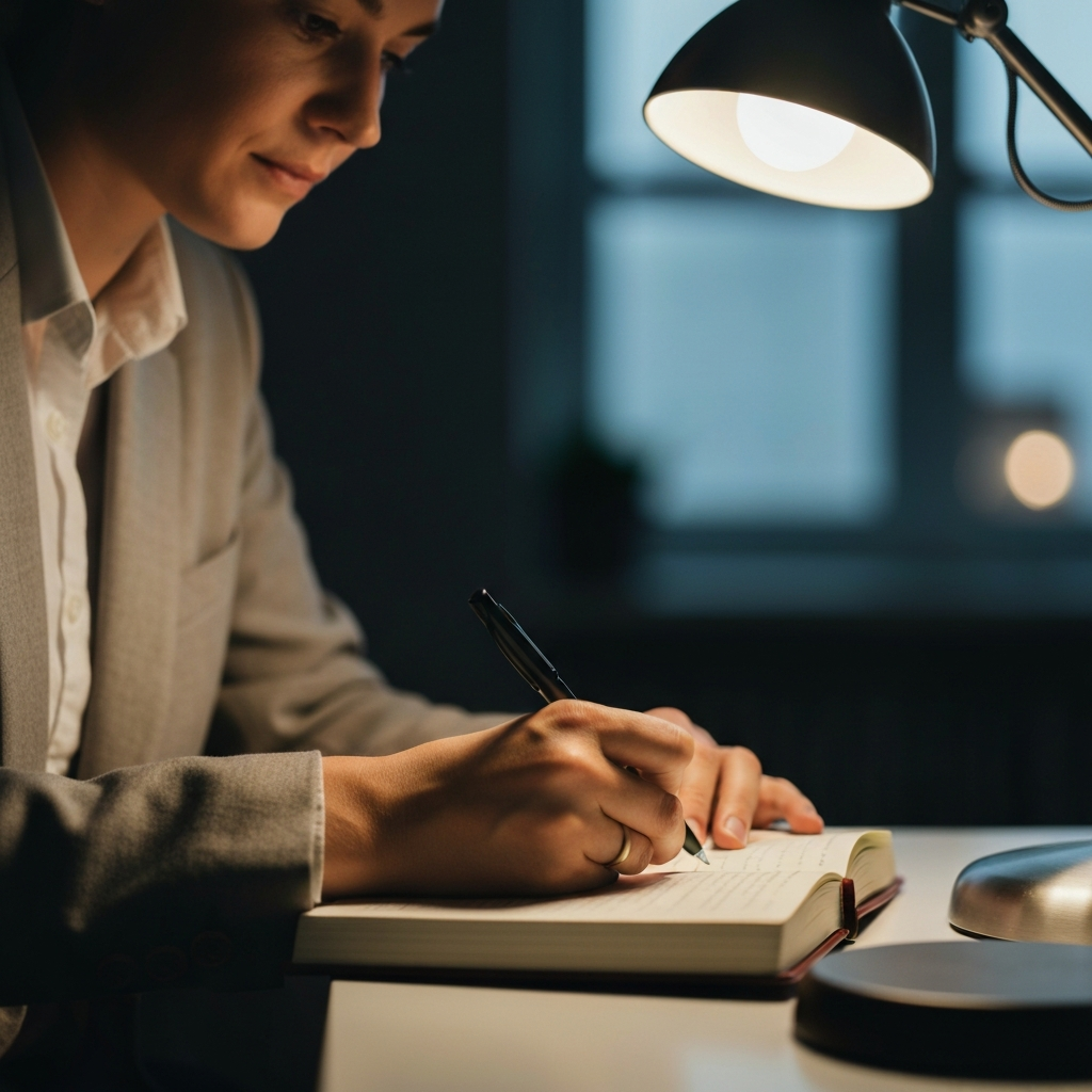Close-up shot of a person's hands writing in a journal, illuminated by soft, warm light from a desk lamp. The background is slightly blurred, showcasing a comfortable study setting.