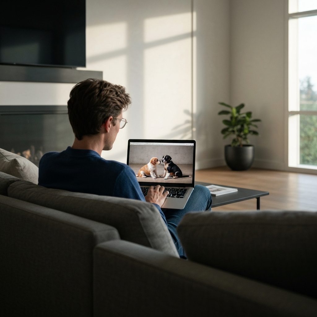 A person sitting comfortably on a couch, looking at a laptop displaying a video of puppies playing. The room is well-lit with natural light, creating a relaxed atmosphere.