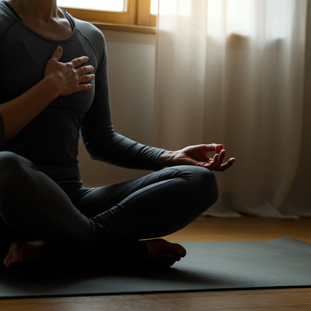 A person sitting cross-legged on a yoga mat, eyes closed, hands resting gently on their knees. Soft, diffused light filters through a nearby window, creating a serene ambiance. Focus is on the gentle rise and fall of their chest.