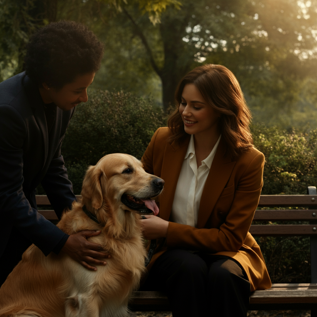 A woman sitting on a park bench, gently petting a golden retriever that is calmly sitting beside her. The dog's owner stands nearby, smiling reassuringly. Golden hour lighting creates a warm, inviting atmosphere.