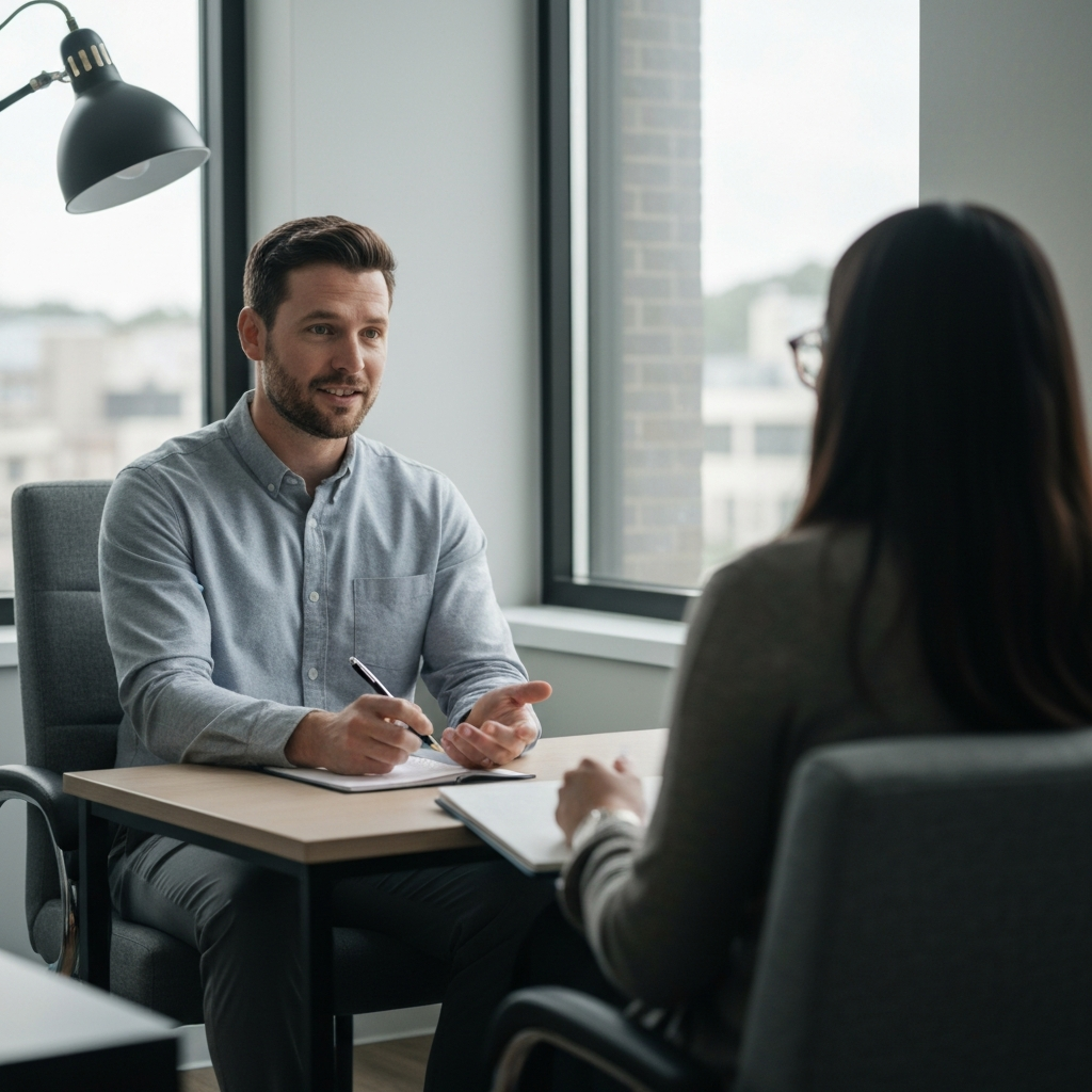 A therapist sitting across from a client in a comfortable office setting. The therapist is actively listening and taking notes, creating a supportive and empathetic atmosphere.