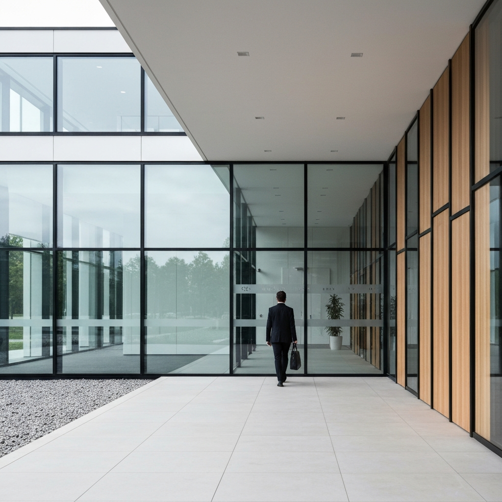 A person walking into a modern office building with large glass windows. The building appears clean and professional, symbolizing a place of healing and support.