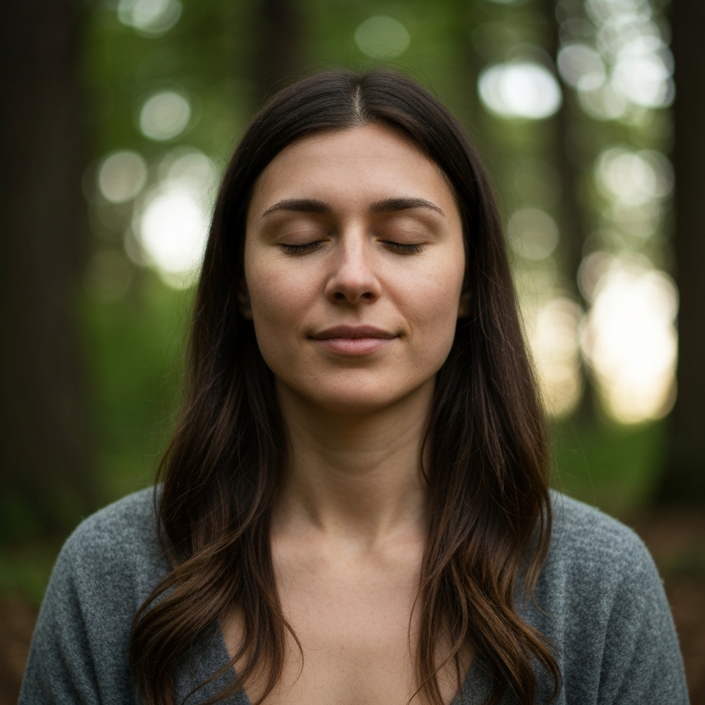 A close-up shot of a person meditating outdoors in a forest, with soft bokeh in the background, focusing on their peaceful expression.