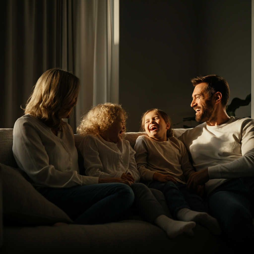 A family laughing together in their living room, lit by warm afternoon light, with focus on their smiling faces and natural interactions.