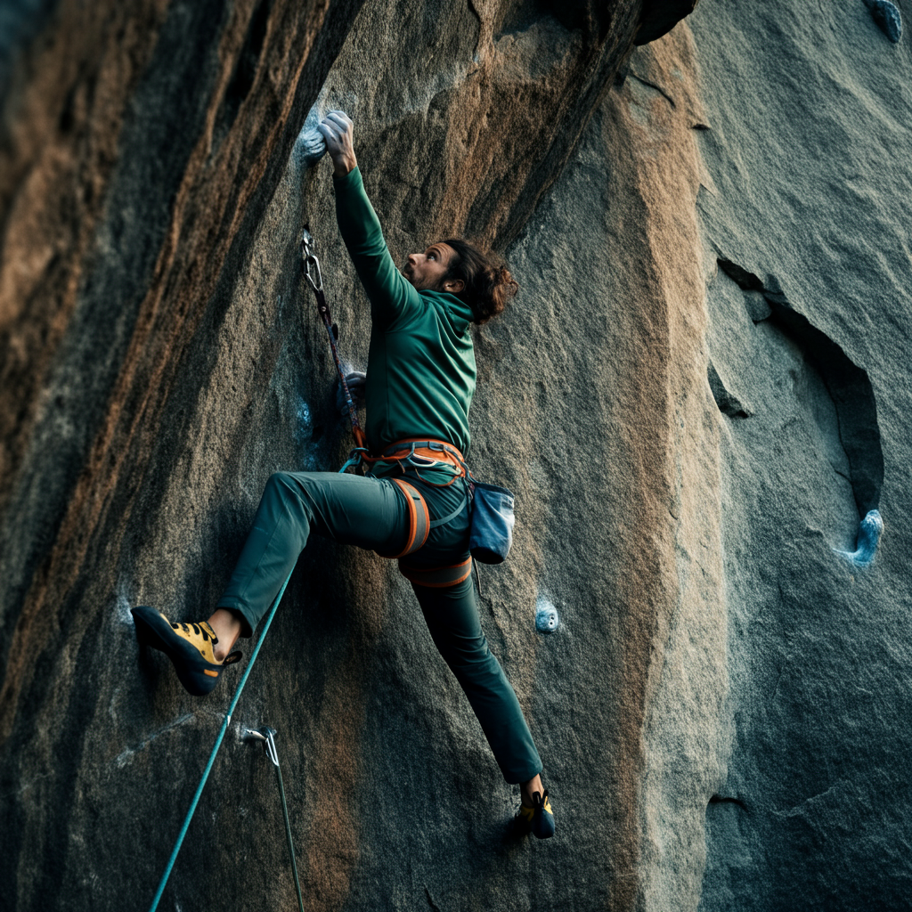 A person rock climbing, captured from a low angle, emphasizing their determined expression and the texture of the rock face.