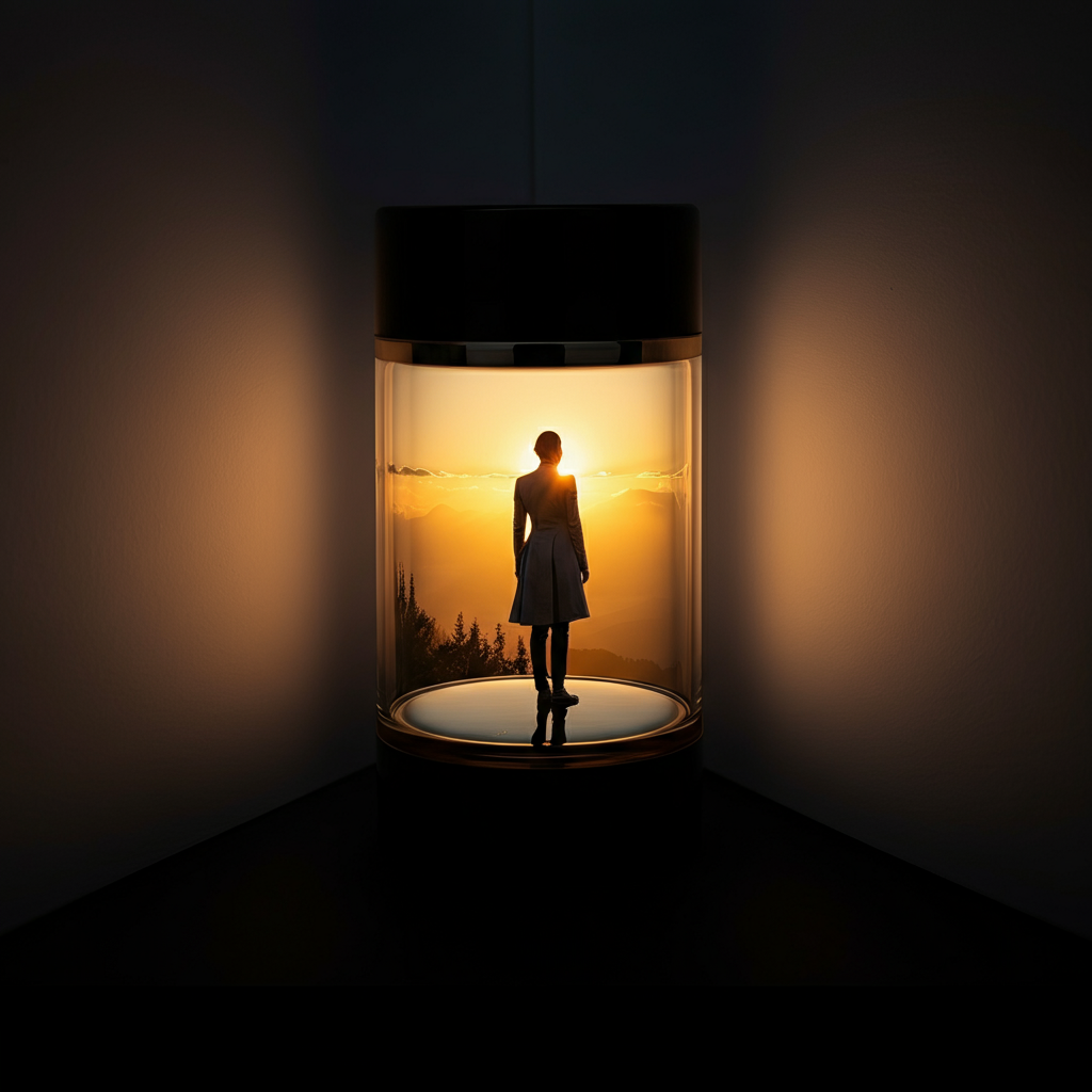 A wide shot of a person standing on a mountaintop at sunrise, looking out at the vast landscape, with golden hour lighting illuminating their silhouette.