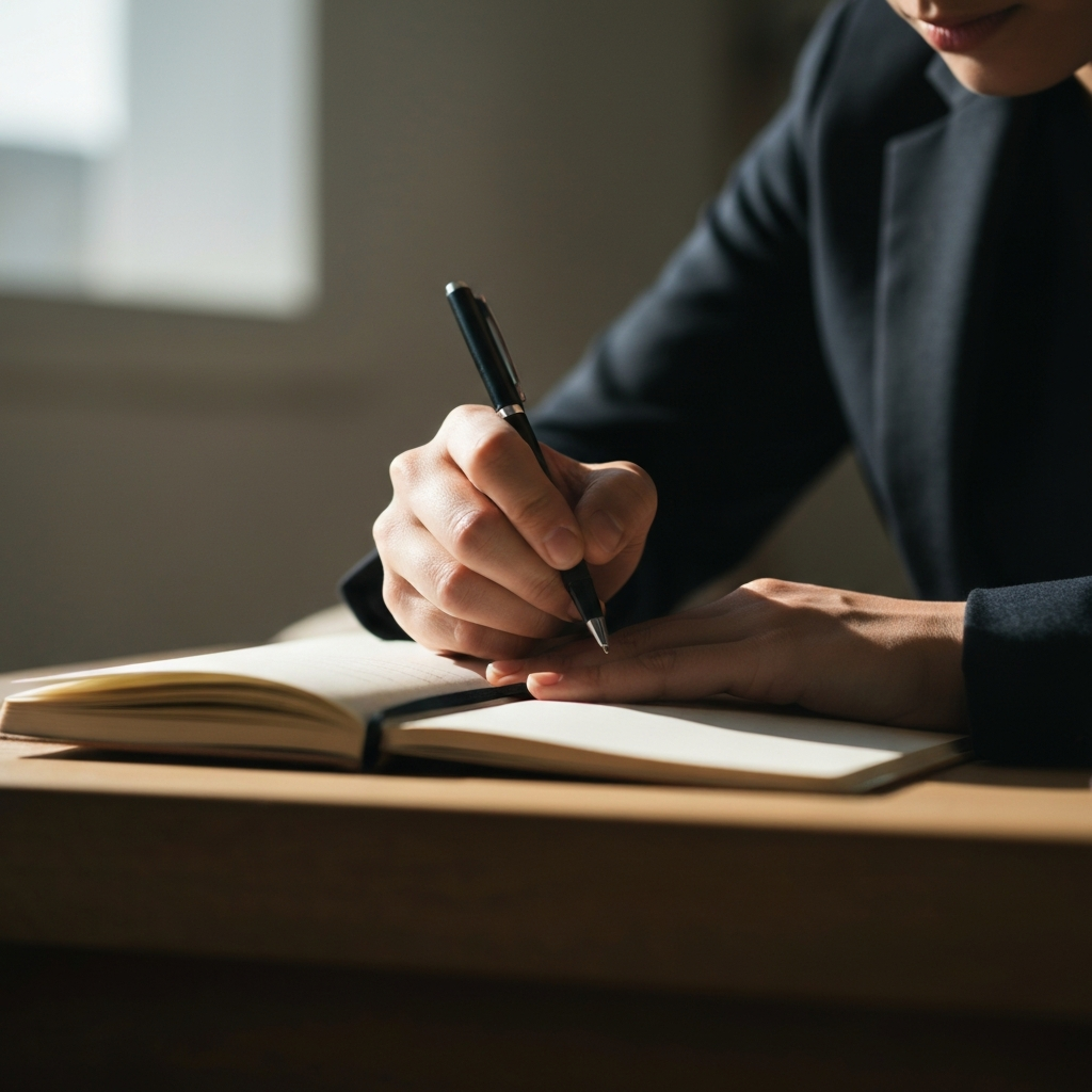 A person writing in a journal in a quiet, sunlit room, with soft focus on the journal and their hand holding a pen.