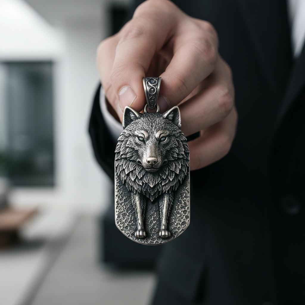 A close-up shot of a person holding a wolf pendant, with detailed texture visible on the metal and the pendant itself, lit by soft studio lighting.