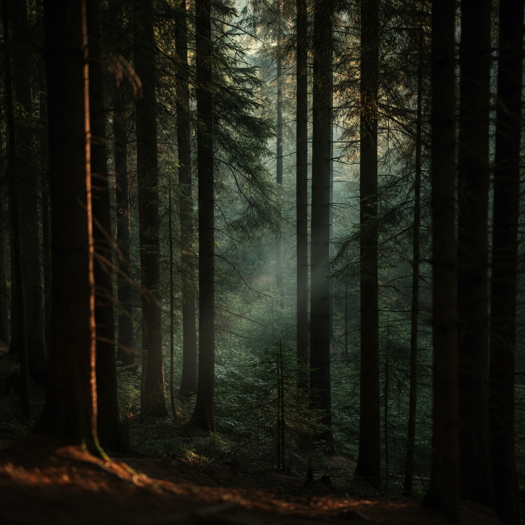 A landscape shot of a vast forest at dusk, with soft, diffused light filtering through the trees, creating a sense of mystery and tranquility.