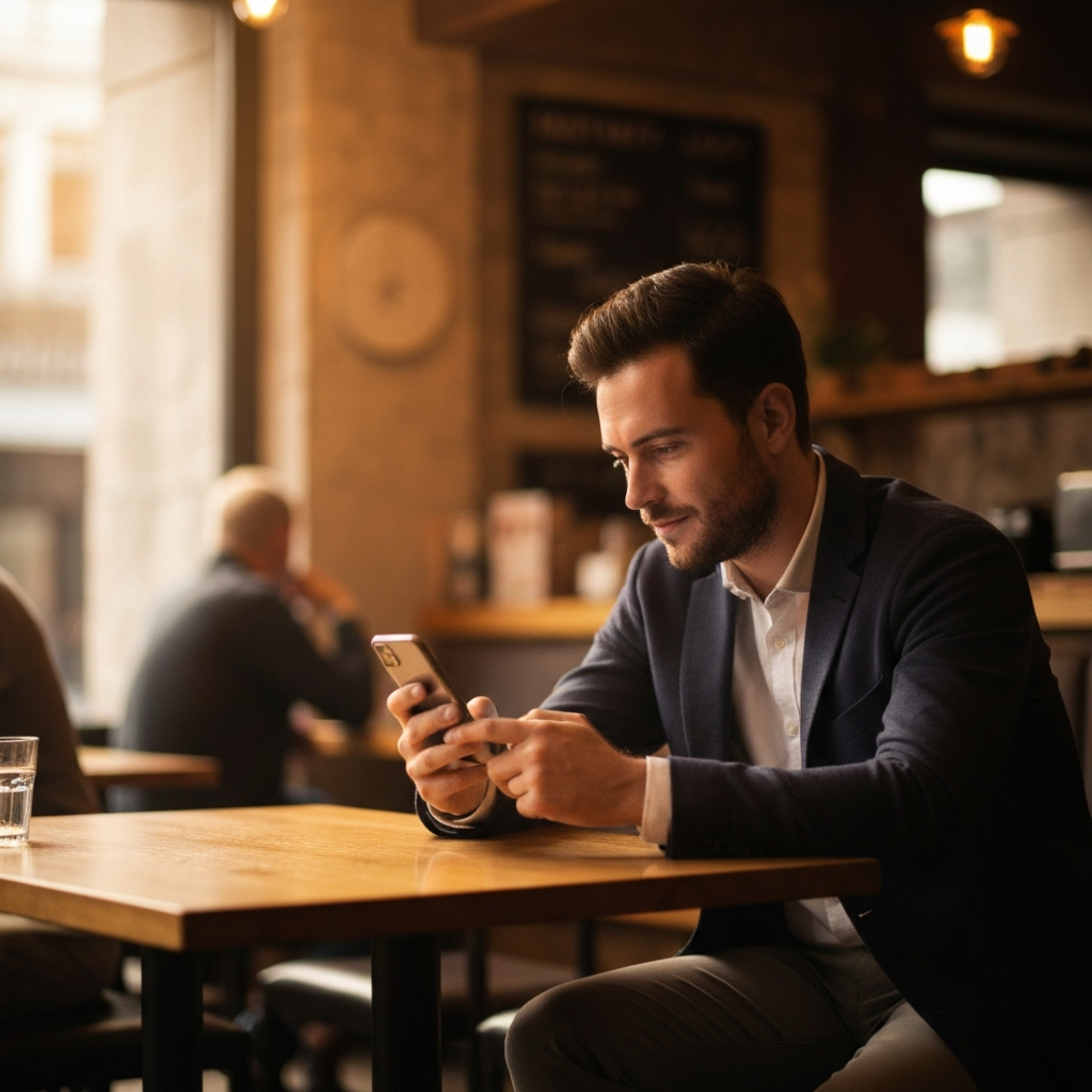 A warmly lit cafe interior. A man sits at a table, looking at his phone with a relaxed expression. Soft bokeh blurs the background.