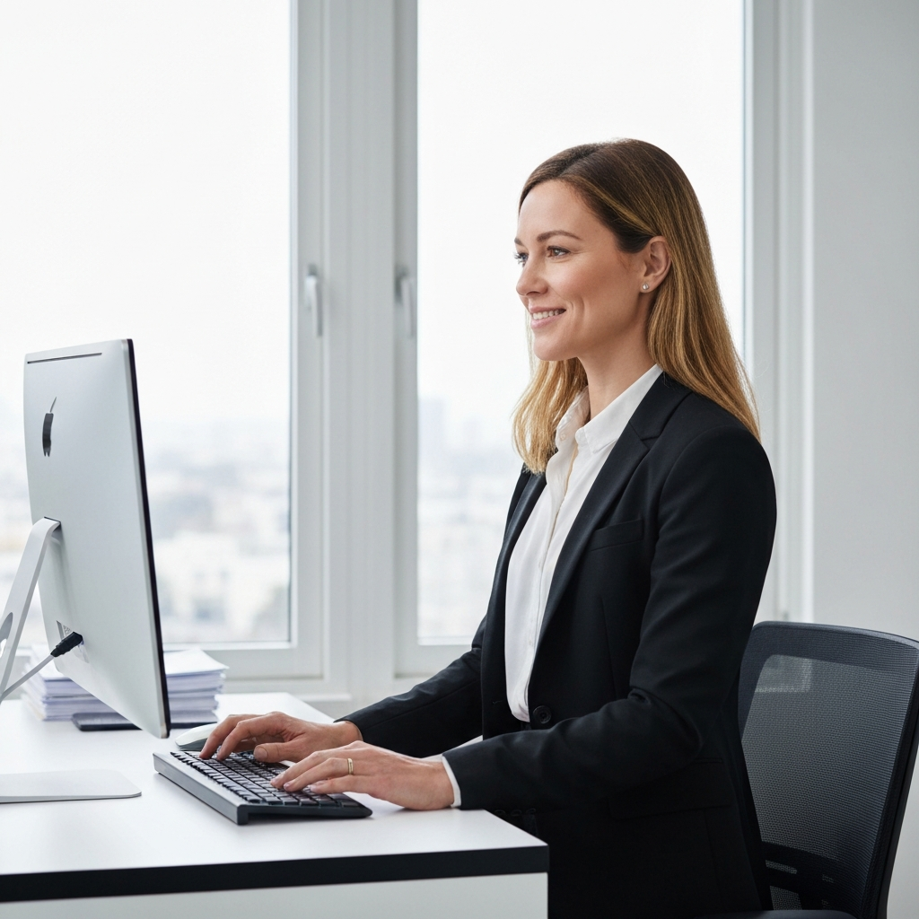 A woman stands in a brightly lit office, smiling slightly as she types on her computer. Side-lit textures highlight her professional attire.