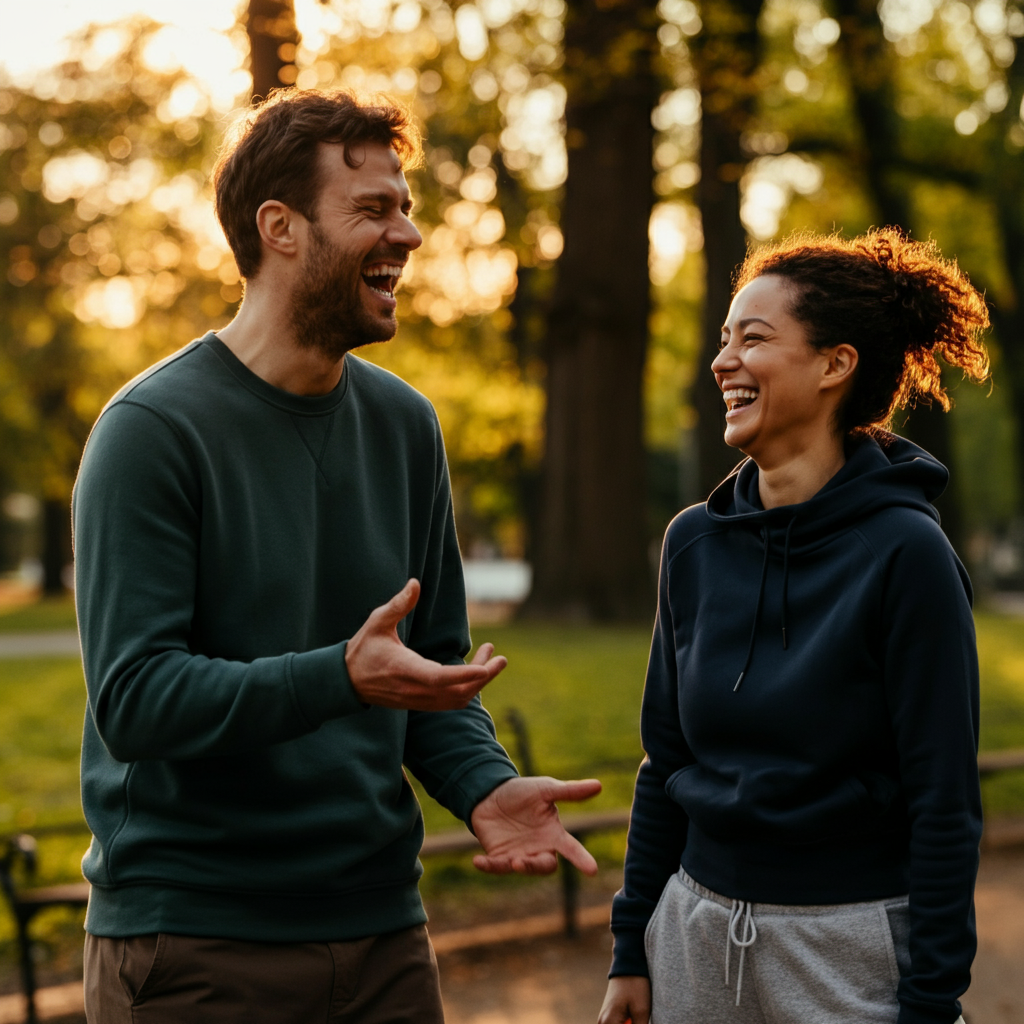 A couple is laughing together in a park, bathed in golden hour lighting. The man is gesturing animatedly, and the woman is listening attentively.