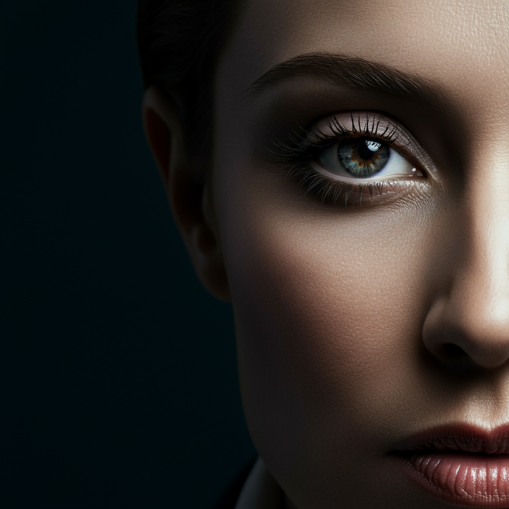Close-up shot of a woman's face, focusing on her eyes. Soft, diffused light highlights the subtle expressions around her mouth.