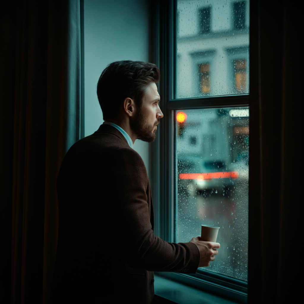 A man is looking out a window at a rainy city street, lost in thought. The light is dim, creating a contemplative mood.
