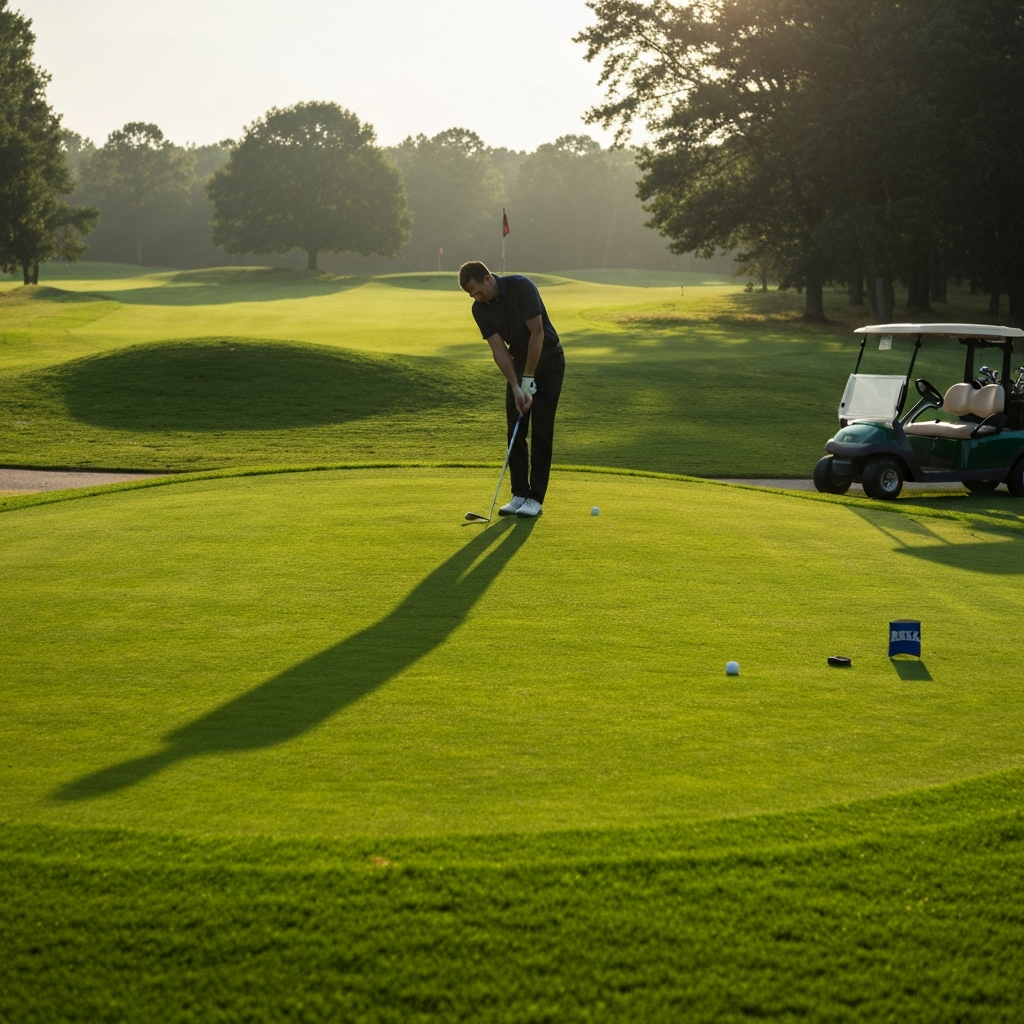 A golfer tees off on the first hole. Soft morning light illuminates the lush green fairway. A golf cart sits parked nearby. The golfer's shadow stretches long across the grass.