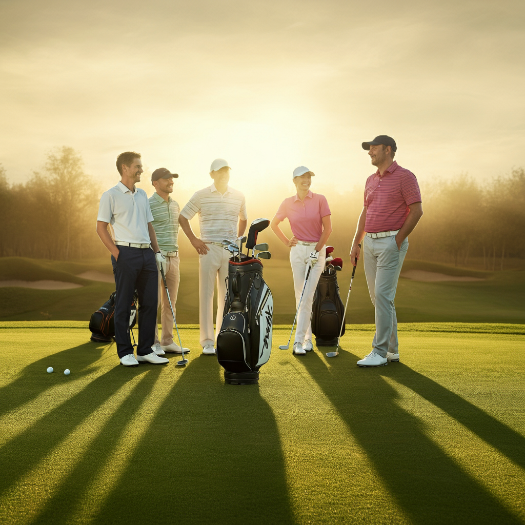 A group of four golfers stands on a tee box, laughing and chatting while waiting for their turn to tee off. A hazy afternoon sun casts a warm glow on their faces. Golf clubs are visible in their bags.
