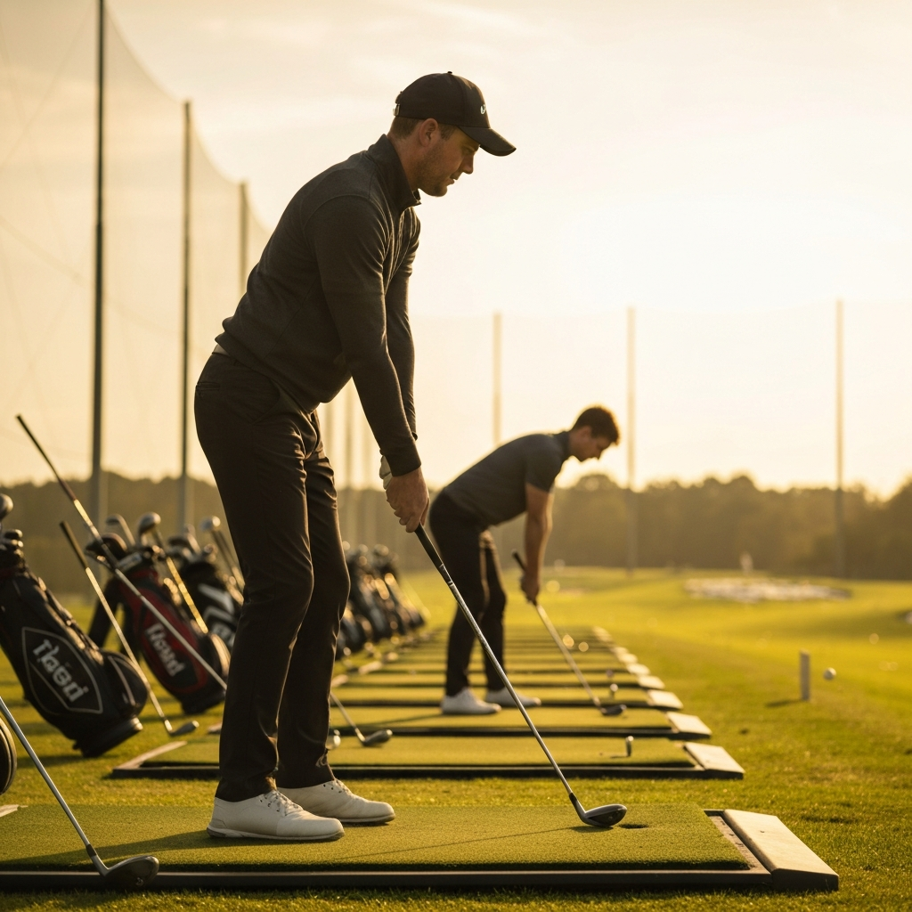 A golf instructor demonstrates a swing to a student on a driving range. Soft focus on the background showing rows of golfers practicing their swings. Side-lit textures on the golf clubs.