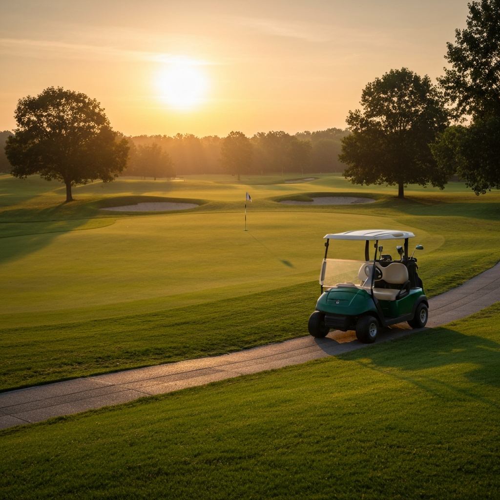 A nearly empty golf course at sunrise. Golden hour lighting bathes the fairway in a warm glow. A single golf cart is parked on the cart path.