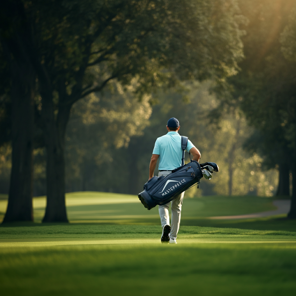 A golfer walking down a fairway, carrying their golf bag over their shoulder. The grass is neatly manicured. Sunlight filters through the trees lining the fairway.