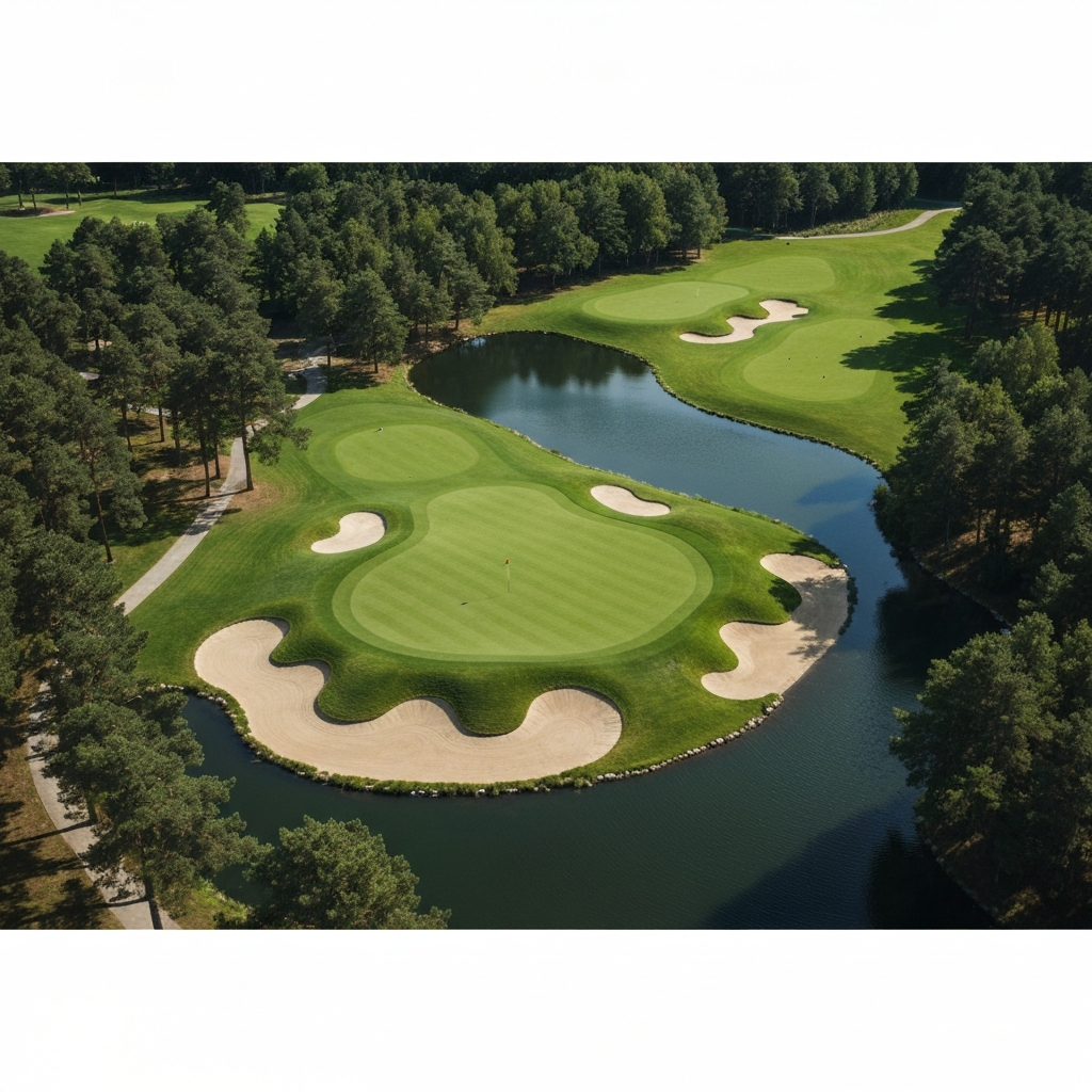 An aerial view of a challenging golf hole with a water hazard and sand bunkers. The green is surrounded by trees. The image is sharp and detailed, showcasing the intricate course design.