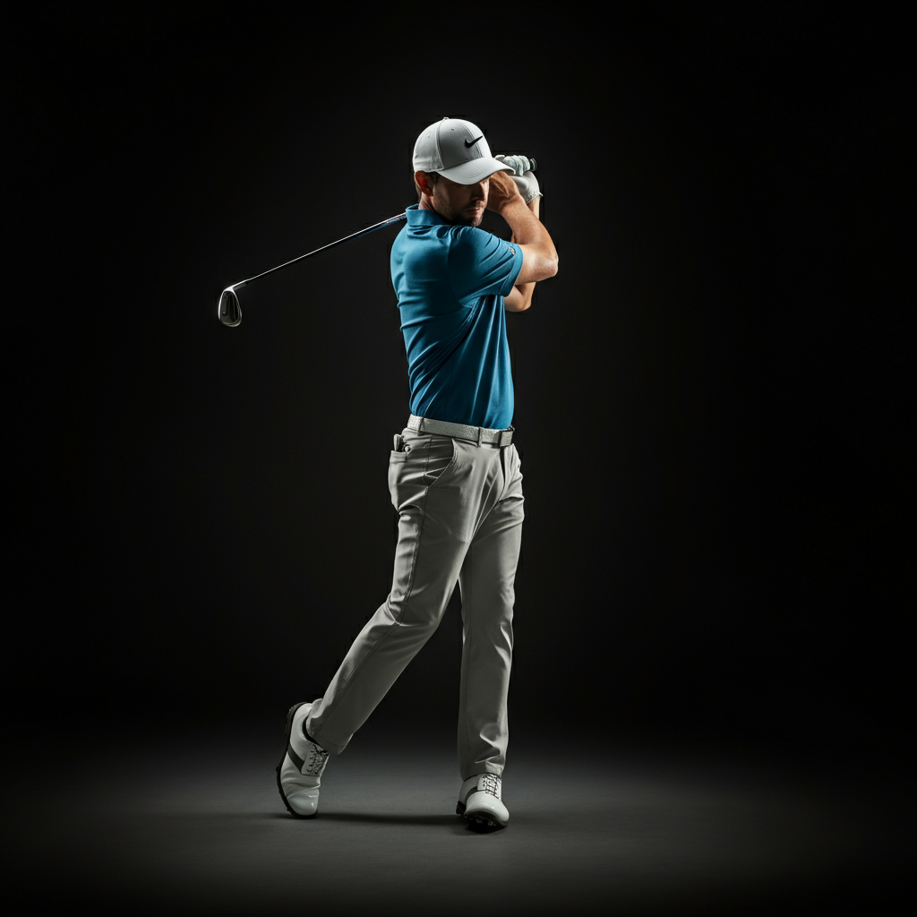 A golfer preparing to hit their shot. They are focused and efficient, with minimal wasted movement. The background is slightly blurred, emphasizing the golfer's concentration.