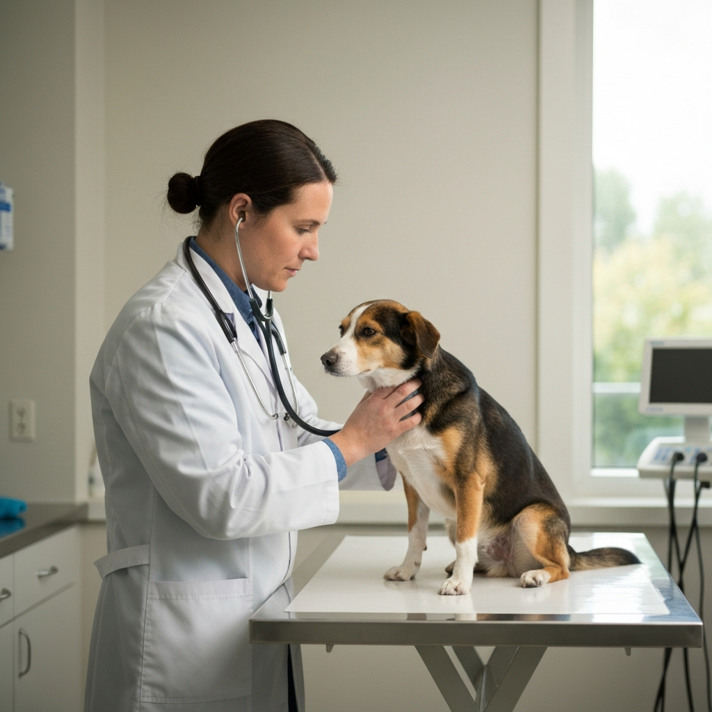 A veterinarian in a brightly lit exam room, examining a medium-sized dog on an examination table. The vet wears a white coat and uses a stethoscope. The dog is calm and cooperative. Soft bokeh in the background with medical equipment visible.
