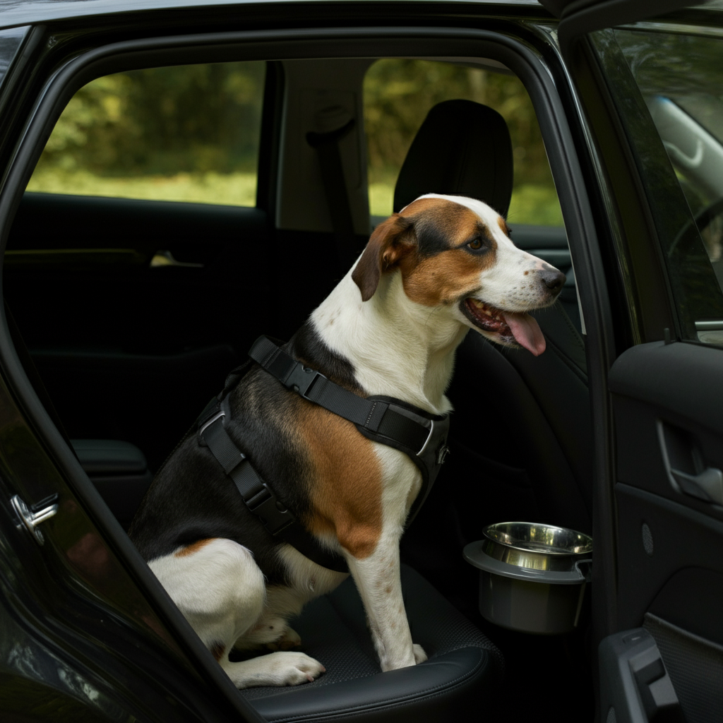 A medium-sized dog wearing a dog seatbelt harness sits comfortably in the back seat of a car. A water bowl is visible next to the dog. The car is parked in a shady rest stop. Natural light streams through the trees, creating dappled shadows in the car.