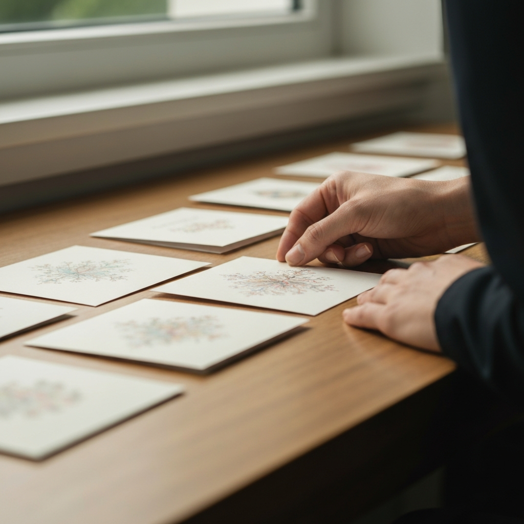 Close-up shot of a hand selecting a greeting card from a variety on a wooden desk. Soft, natural light from a nearby window illuminates the card. Focus on the texture of the paper and the subtle colors of the design.