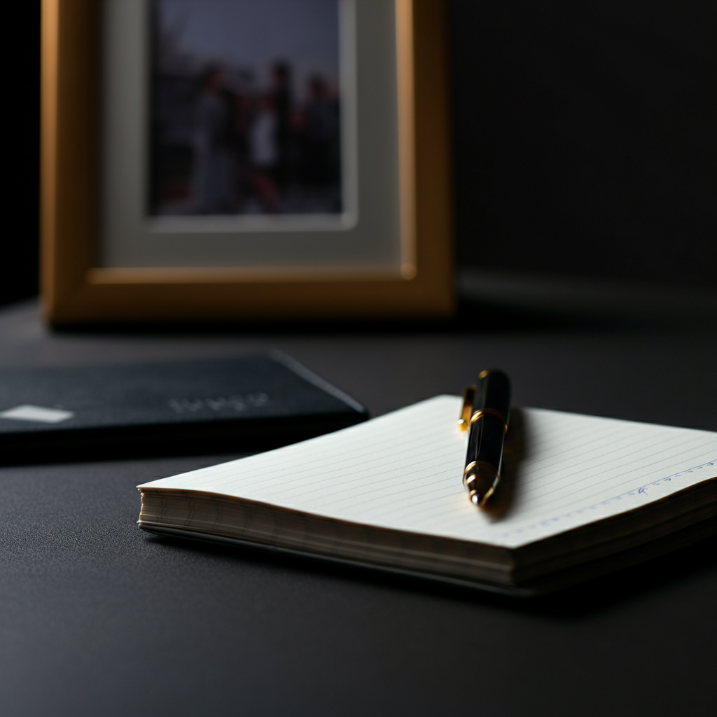 A well-organized office desk with a pen resting on a notepad. The notepad is subtly blurred in the background, hinting at handwritten notes. A framed photo sits in the background, out of focus, suggesting a personal touch. The lighting is soft and even, creating a sense of calm and professionalism.