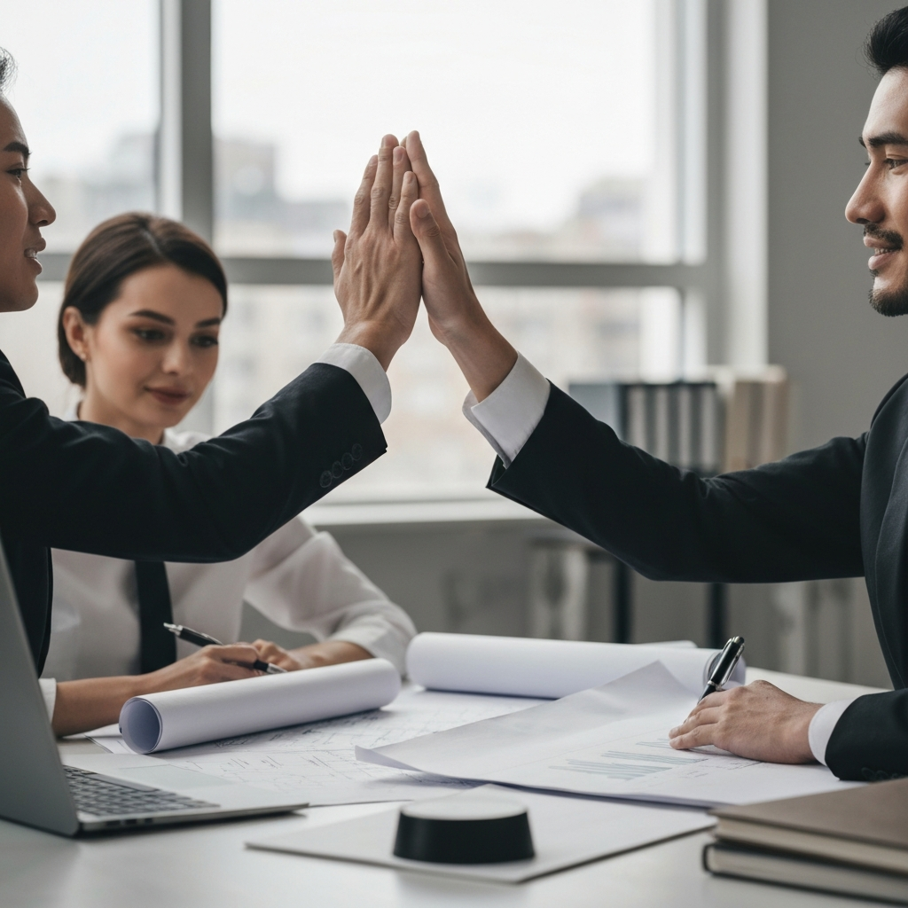 Close up of two coworkers in professional attire giving each other a high five over a desk with blueprints spread out. The scene is well lit with ambient lighting.