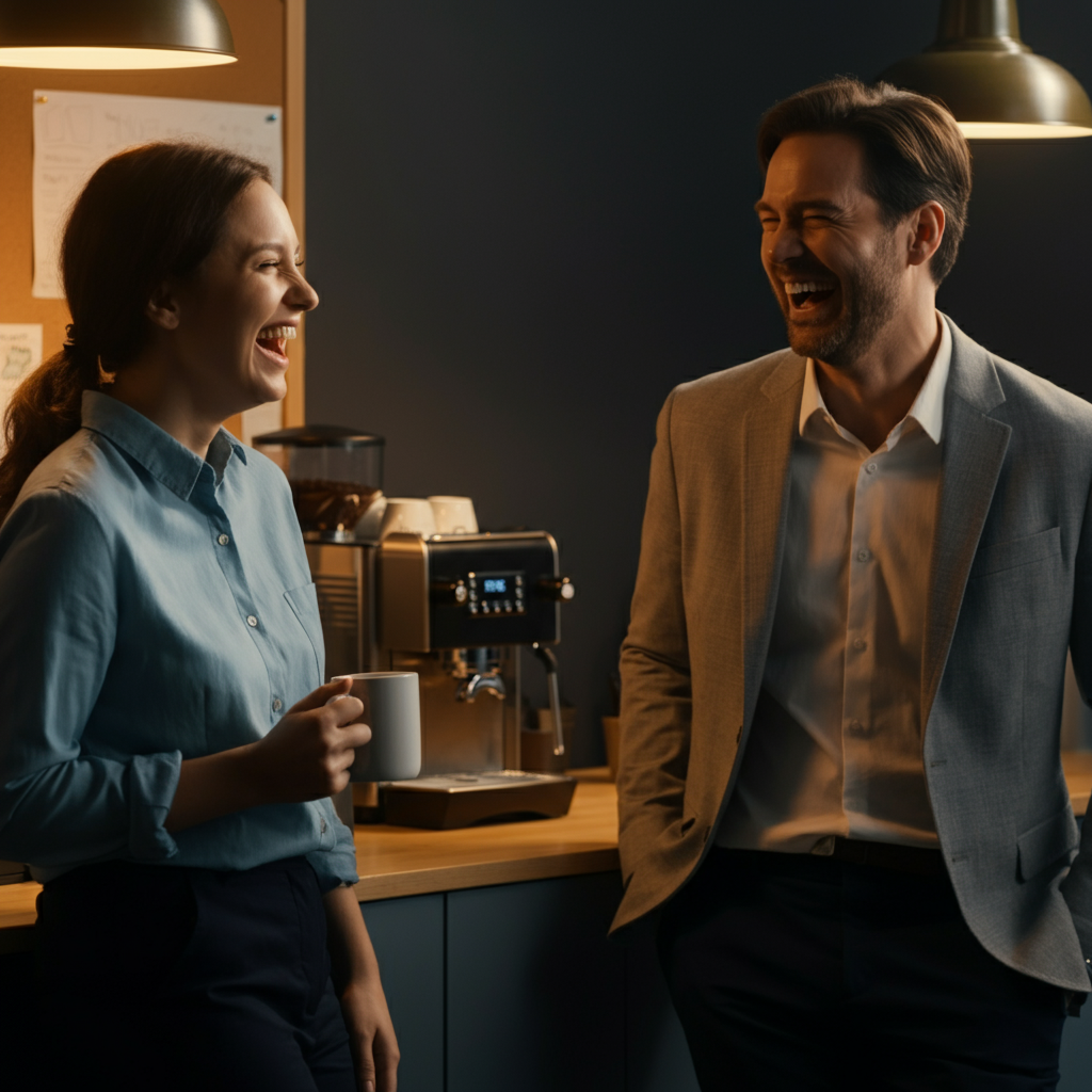 Two coworkers laughing together in an office breakroom. One is holding a coffee mug. The breakroom is clean and modern, with a coffee machine and a bulletin board in the background. The lighting is warm and inviting, creating a relaxed atmosphere.