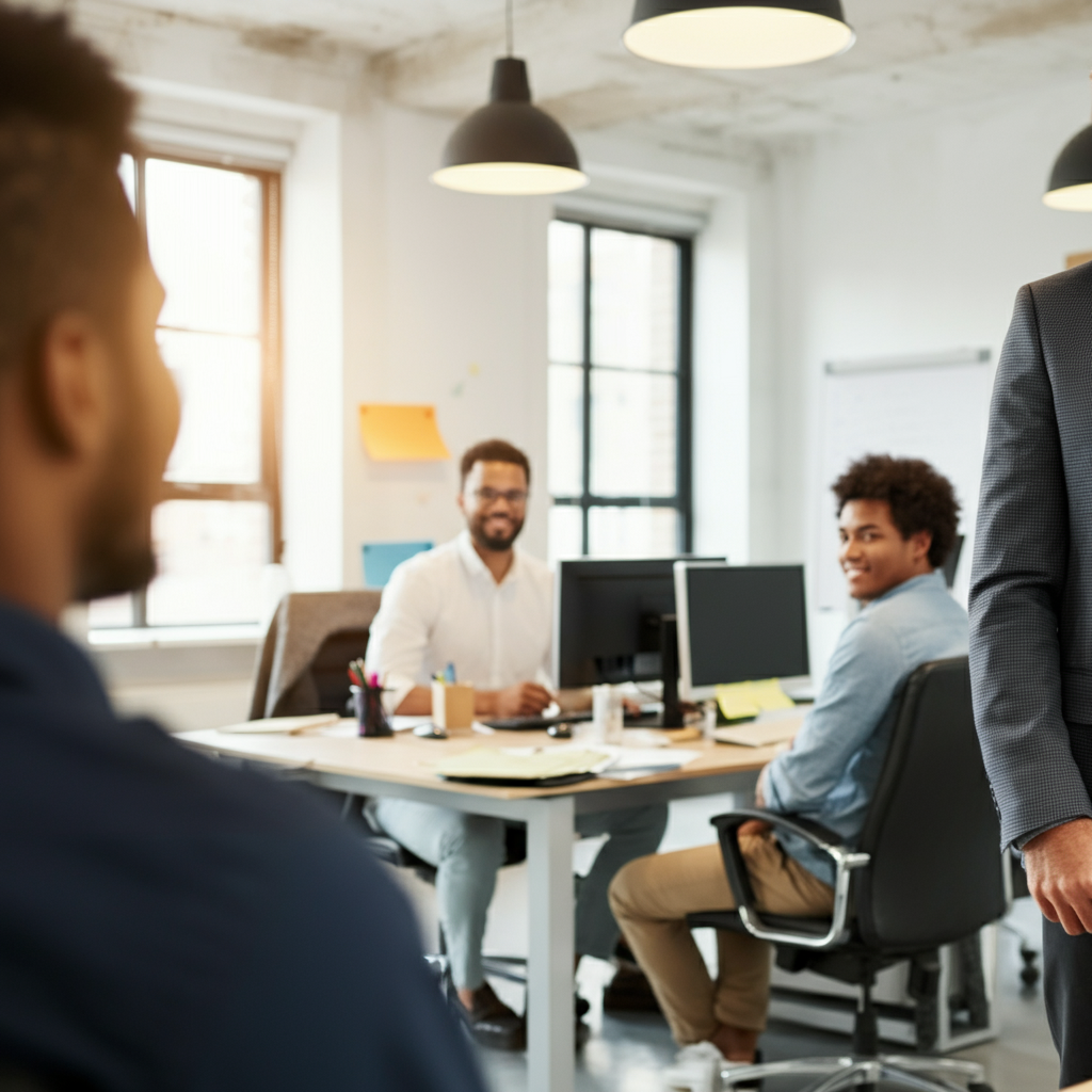 An office environment where a boss is standing in front of the team. The boss is smiling warmly at the team. The office has indirect natural lighting that softens the scene.