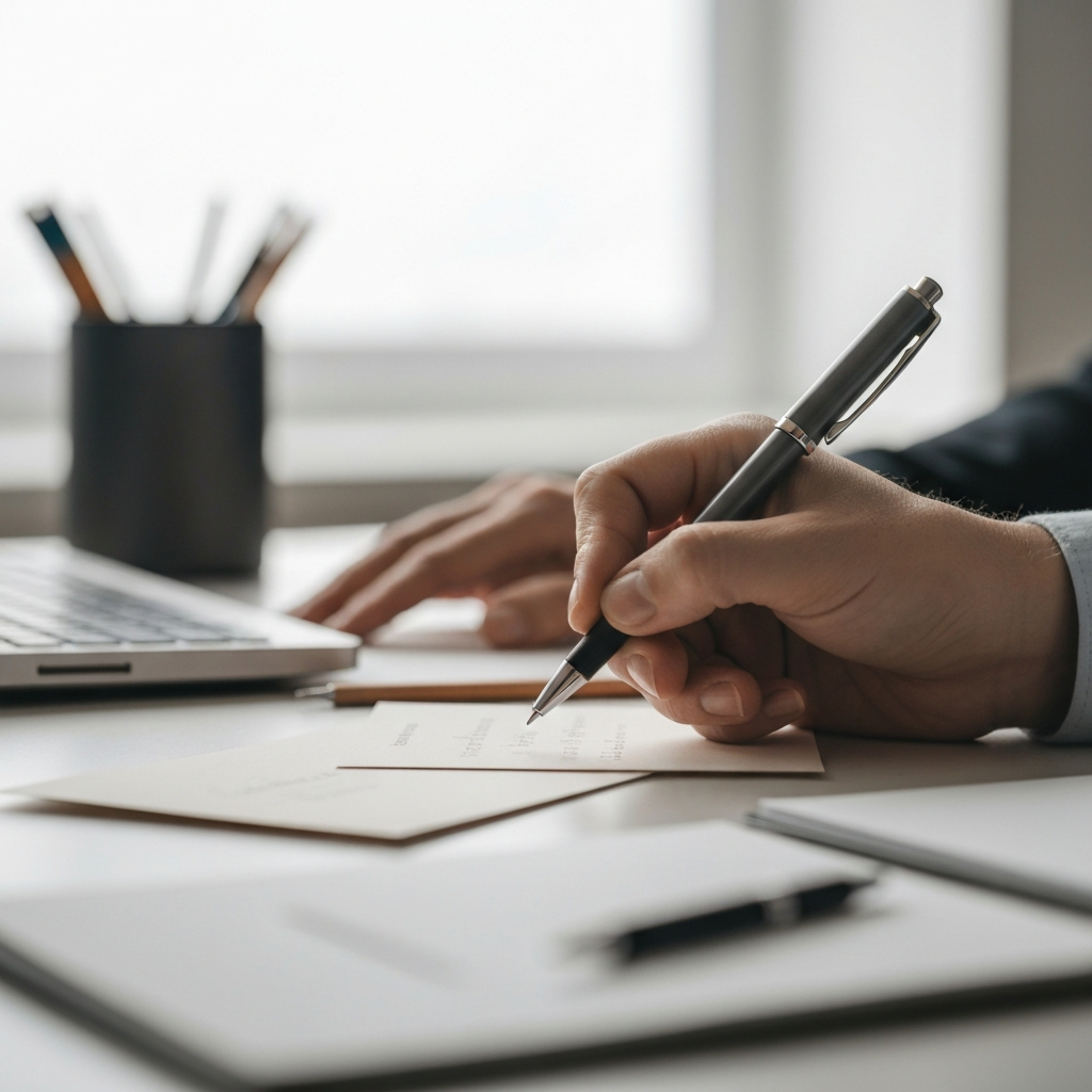 A hand holding a pen and writing a card. The card is slightly blurred, with the focus on the hand and pen. The background is soft and includes a desk with various office supplies. The lighting is natural and warm, creating a sense of sincerity.