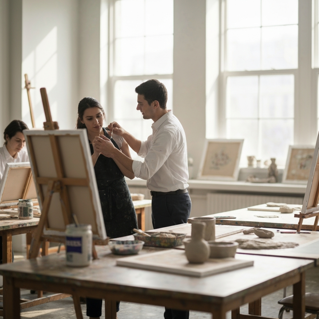 A brightly lit art studio filled with students working on various projects. One student is helping another adjust a canvas. Soft, natural light streams through the large windows, highlighting the textures of paint and clay.