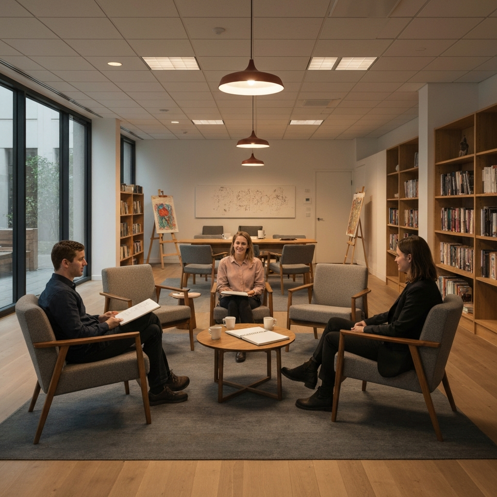 A cozy lounge area in an art school, featuring comfortable chairs, bookshelves, and a coffee table. Two students are engaged in a relaxed conversation, bathed in the warm glow of overhead lighting. A sketchbook rests open on the table between them.