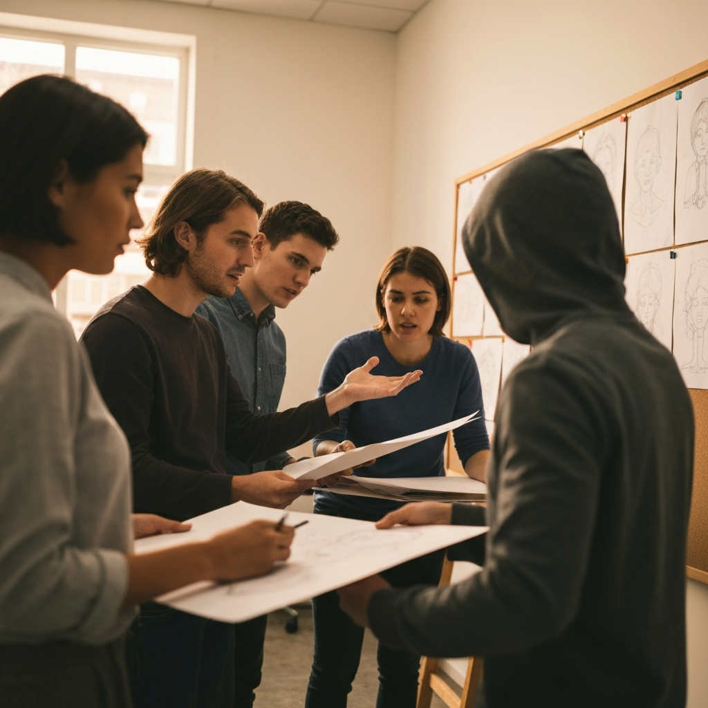 A group of art students gathered in a brightly lit workshop, reviewing sketches pinned to a large corkboard. Soft bokeh effect emphasizes the discussion while the background is blurred. Focus is on their animated expressions and collaborative spirit.